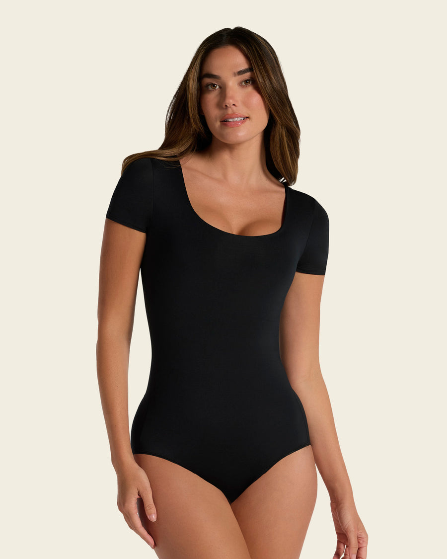 Short Sleeve Round Neck Shaper Bodysuit Black |Leonisa