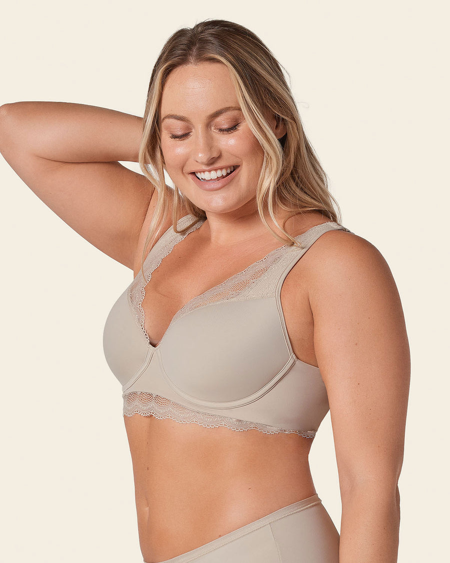 Deep Coverage Soft Lightly-Lined Lace Underwire Bra Nude |Leonisa
