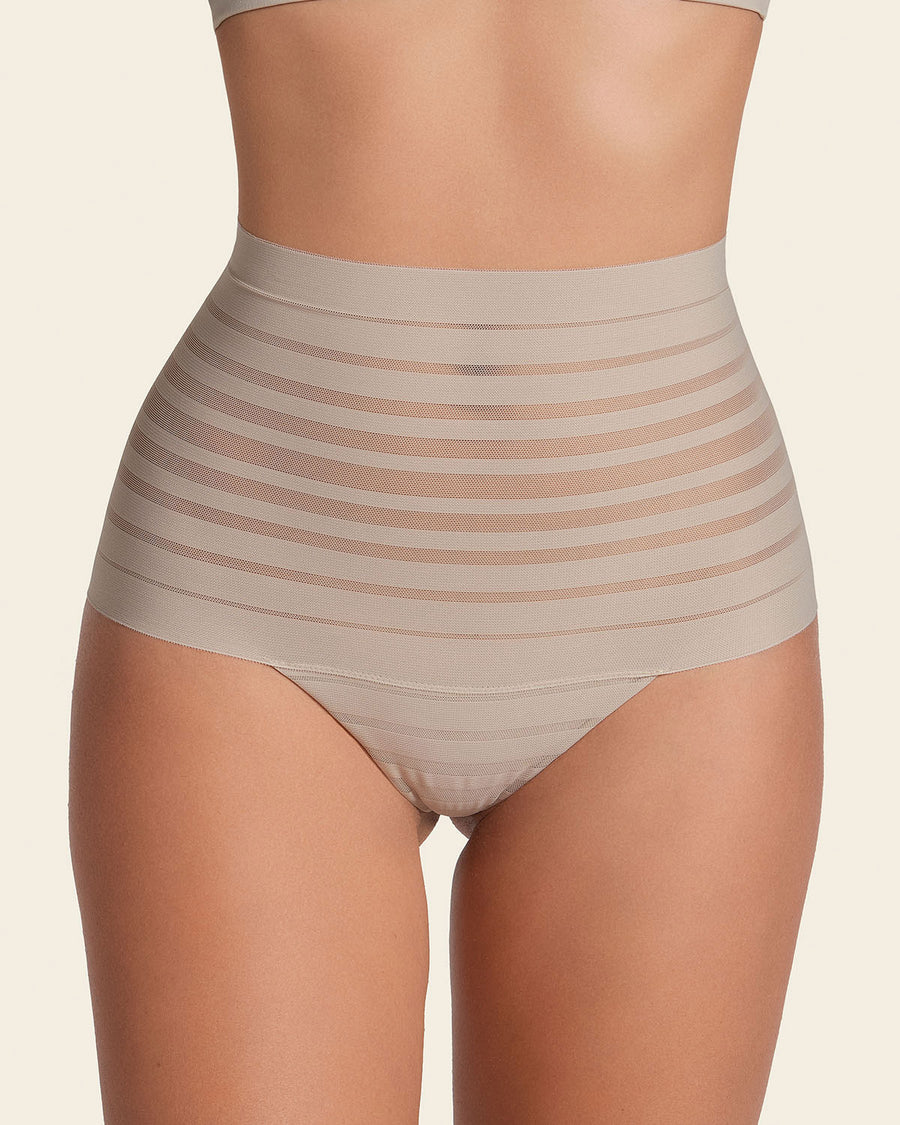 Slimming Lace Stripe High-Waisted Thong Panty Nude |Leonisa