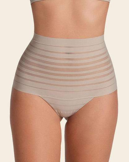 Slimming Lace Stripe High-Waisted Thong Panty Nude |Leonisa
