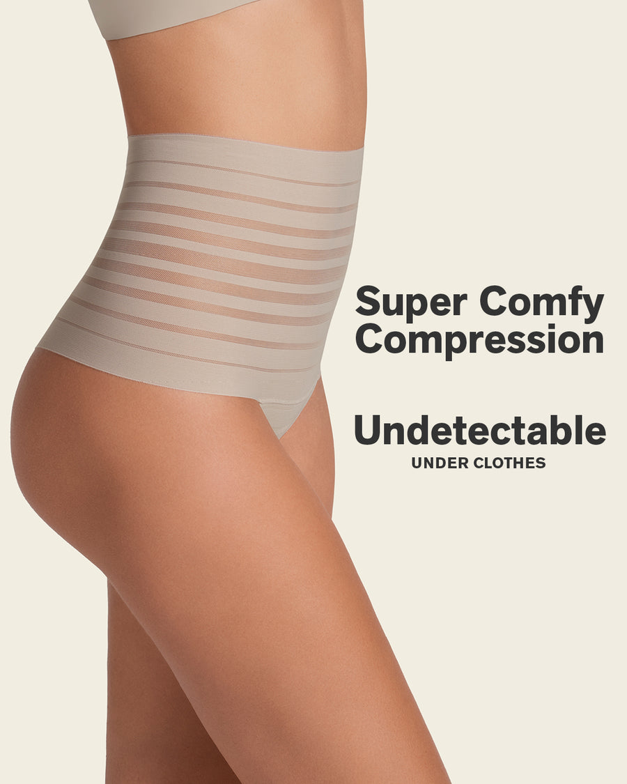 Slimming Lace Stripe High-Waisted Thong Panty Nude |Leonisa