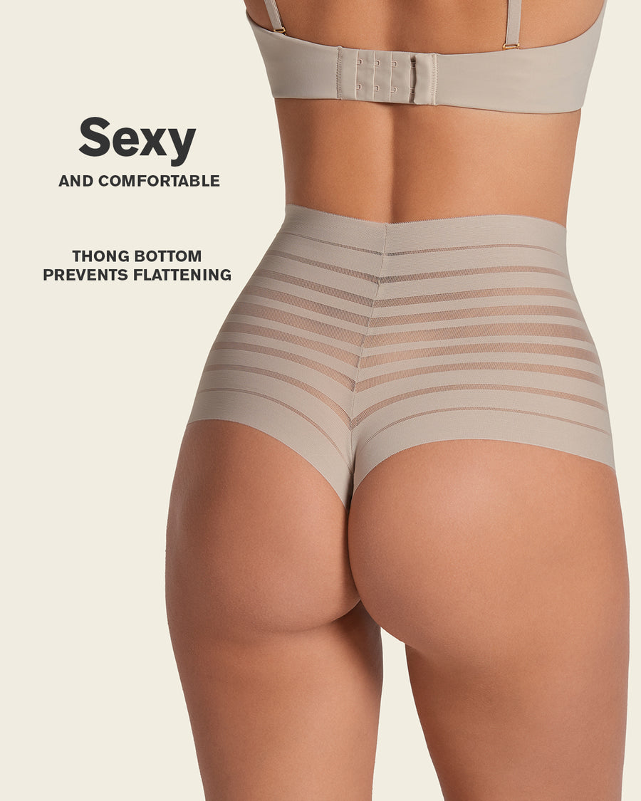 Slimming Lace Stripe High-Waisted Thong Panty Nude |Leonisa