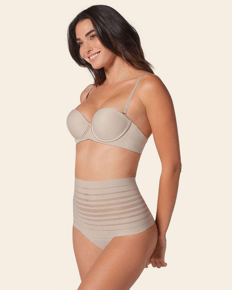 Slimming Lace Stripe High-Waisted Thong Panty Nude |Leonisa