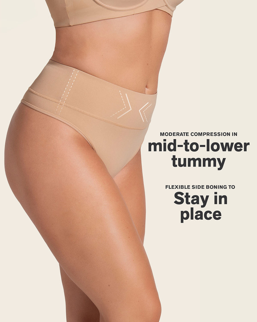 High-Waisted Seamless Moderate Shaper Thong Panty Golden Beige |Leonisa