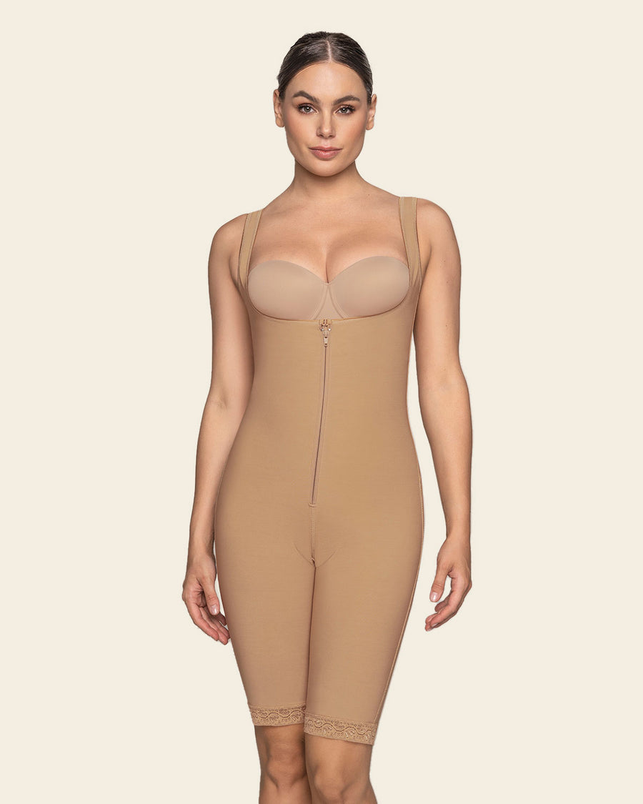 Post-Surgical Short Bottom Girdle with Front Hook-and-Zip Closure, Wide Straps Natural Tan |Leonisa