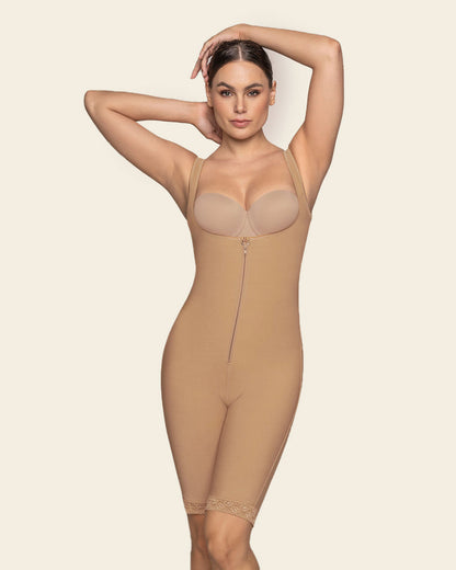 Post-Surgical Short Bottom Girdle with Front Hook-and-Zip Closure, Wide Straps Natural Tan |Leonisa