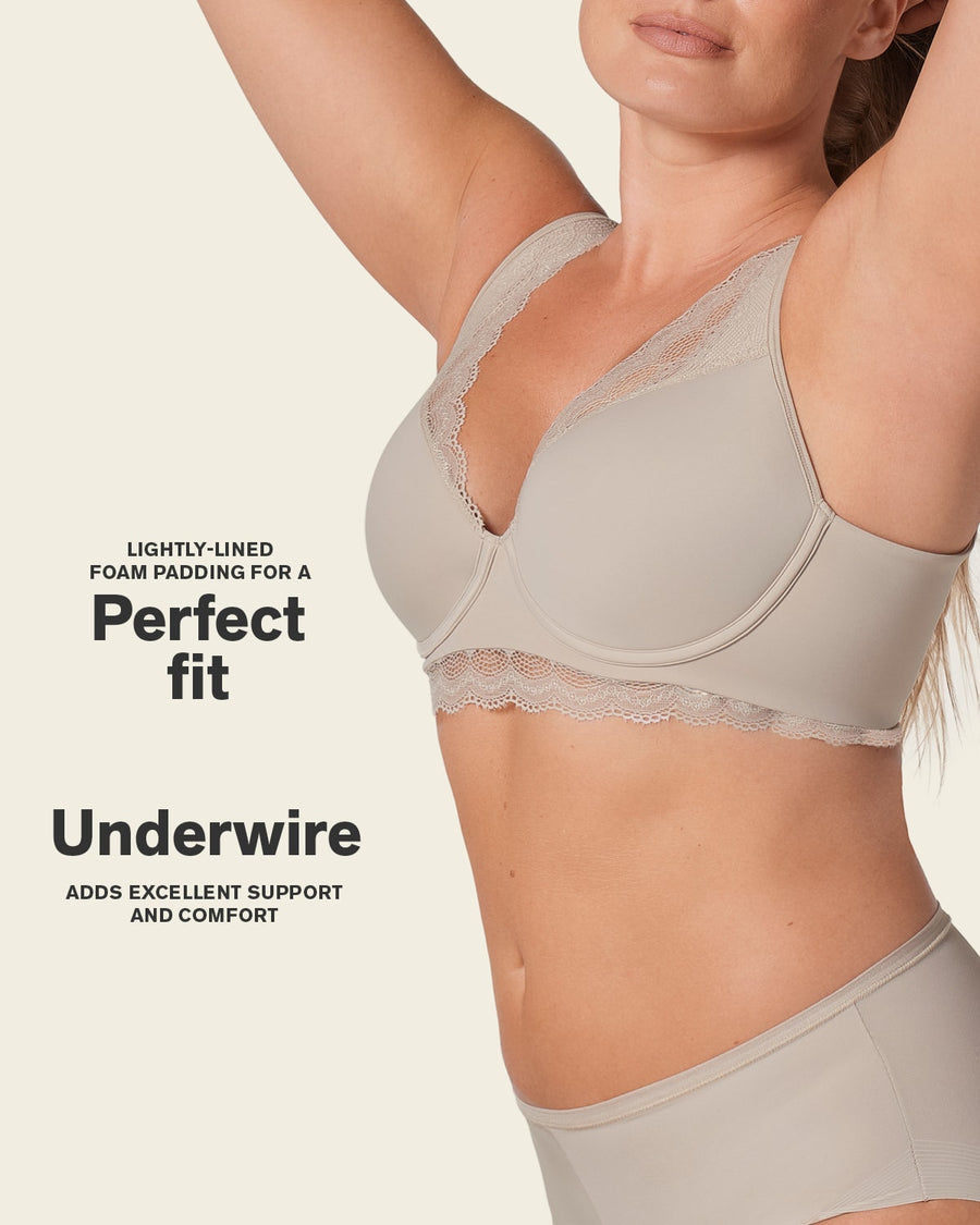 Deep Coverage Soft Lightly-Lined Lace Underwire Bra Nude |Leonisa