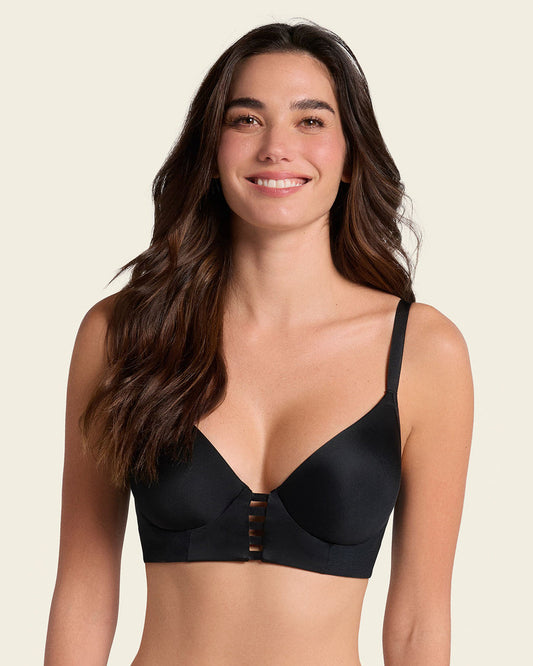 Memory Foam Push-Up Underwire Bustier Bra with Strappy Front Black |Leonisa