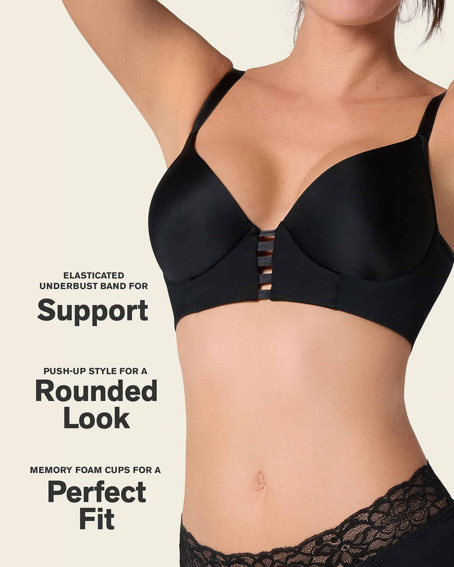 Memory Foam Push-Up Underwire Bustier Bra with Strappy Front Black |Leonisa