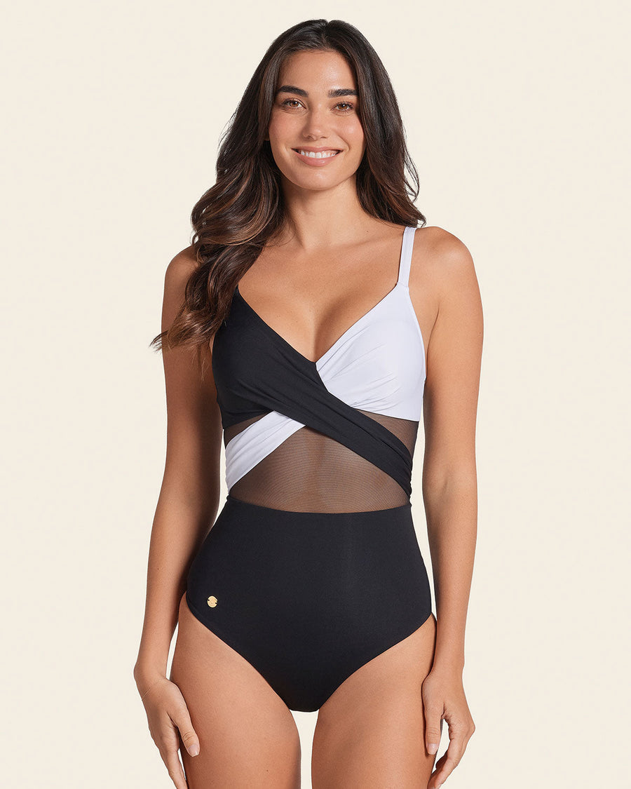 Contrast Detail One Piece Swimsuit with Slimming Compression Black - White |Leonisa