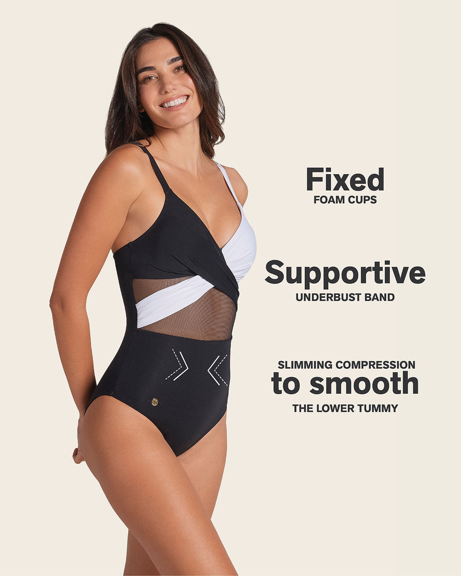 Contrast Detail One Piece Swimsuit with Slimming Compression Black - White |Leonisa