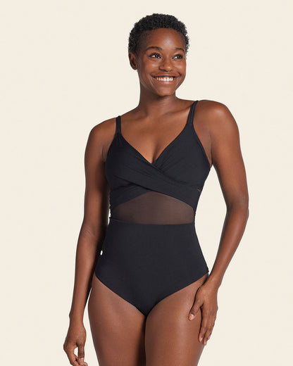 Contrast Detail One Piece Swimsuit with Slimming Compression Black - White |Leonisa
