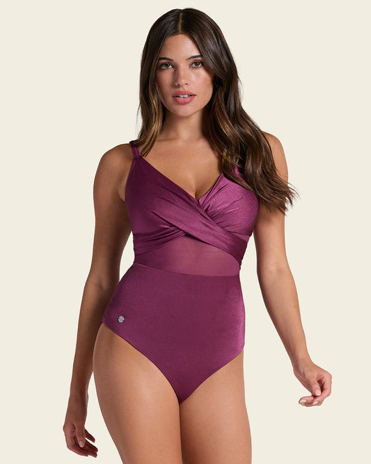One Piece Swimsuit with Criss Cross Neckline and Tulle Midnight Plum |Leonisa