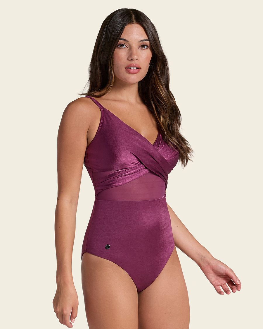 One Piece Swimsuit with Criss Cross Neckline and Tulle Midnight Plum |Leonisa