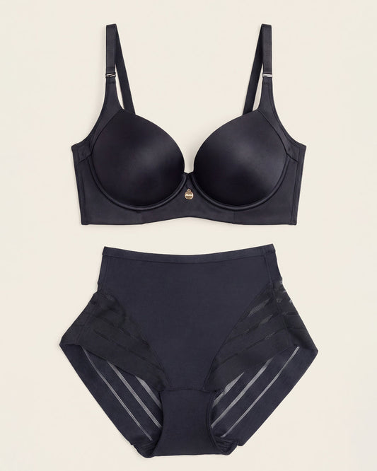 High Profile Bra + Stripe Undetectable Panty in Black  |Leonisa
