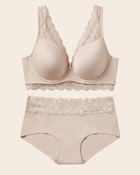 Lace Profile Bra & Ultra Light Lace Panty in Nude  |Leonisa