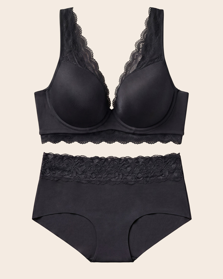 Lace Profile Bra & Ultra Light Lace Panty in Black  |Leonisa